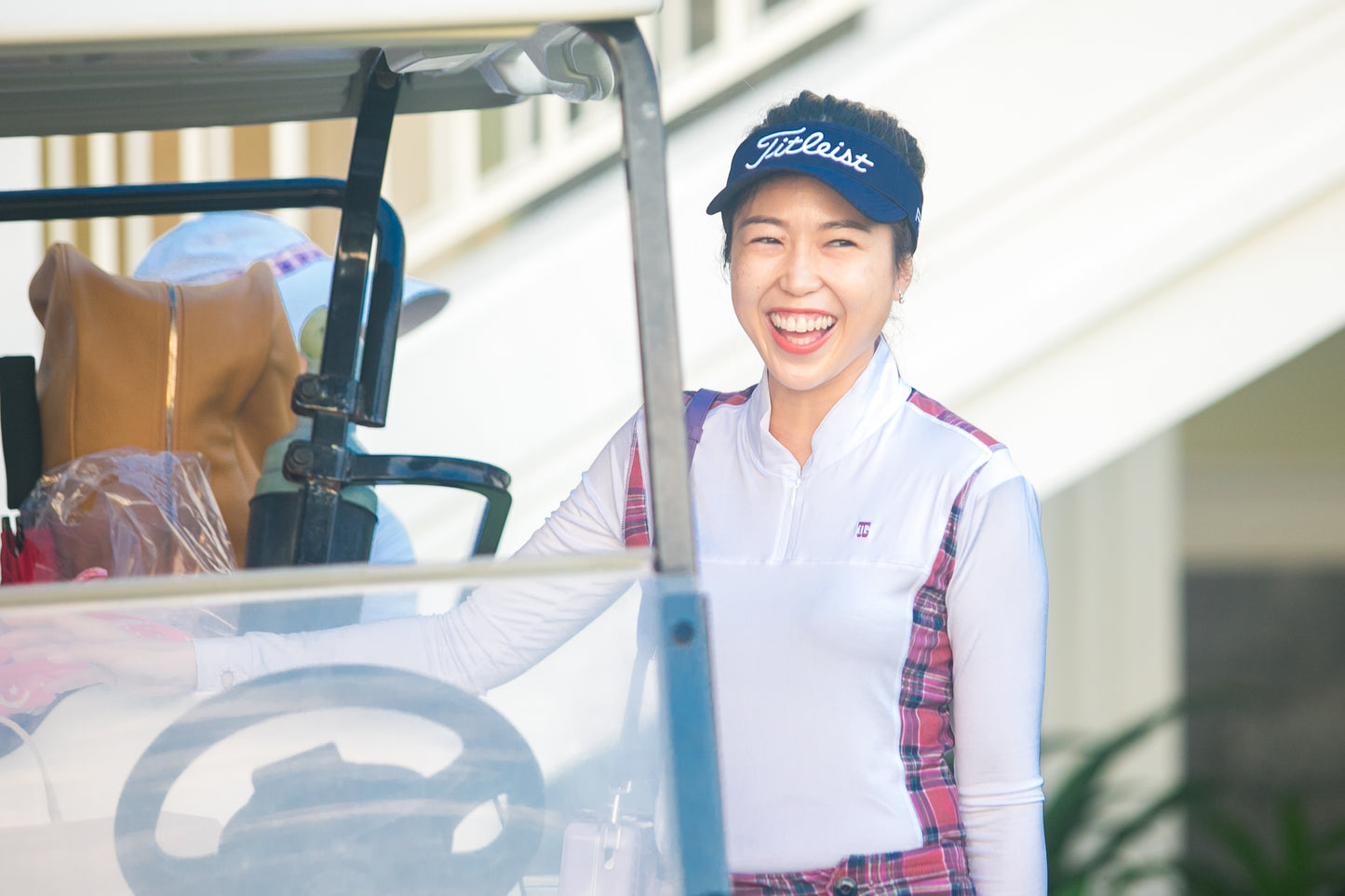 LGS-020E || Golf Set – Top White Long Sleeve Mandarin / Vee Neck Zip Fastened Maroon, Dark Grey and White Tartan Breathable Side & Shoulder Panels with Maroon, Dark Grey and White Tartan Skirt Button Waist Fastening Contoured Pleated Short Hem