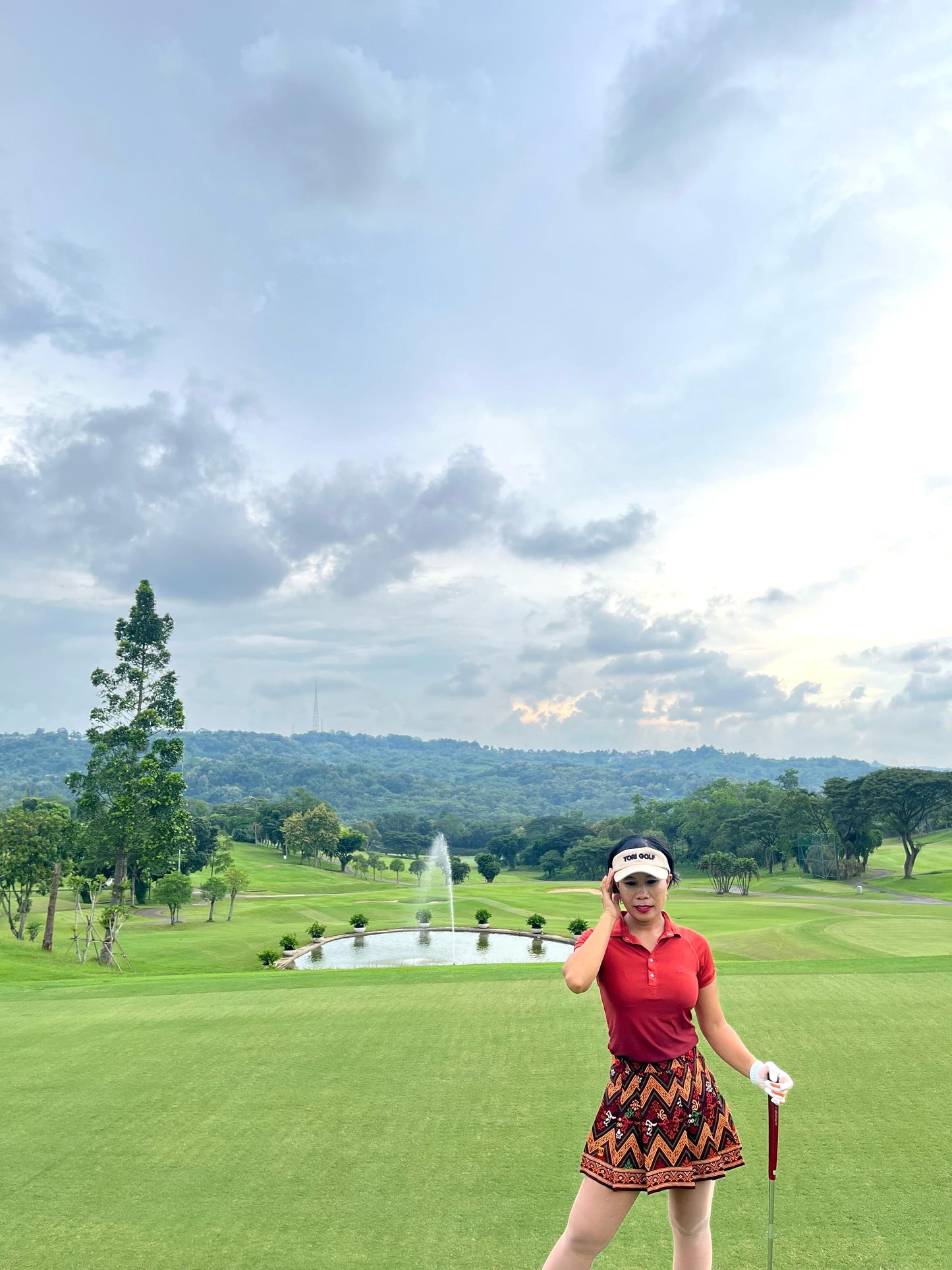 LS-083G || Skirt Brown, Red, Yellow and White Modern Indonesian Batik (Dominant Orange W Motif) Side Button Waist Fastening Large Knife Pleated