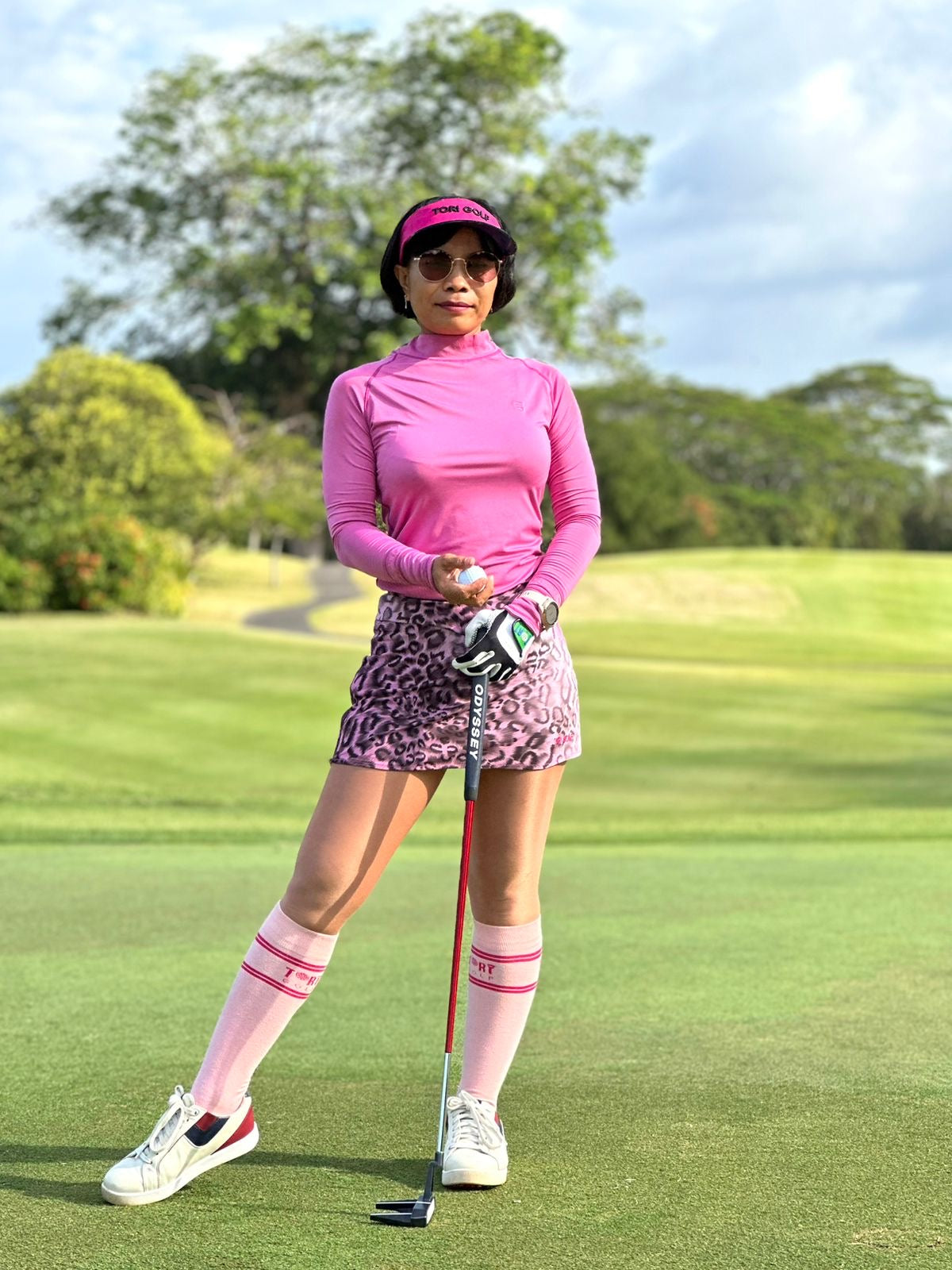 LS-087B || Skirt Pink and White Gradation with Black Leopard Motif Piled Up Waist Style