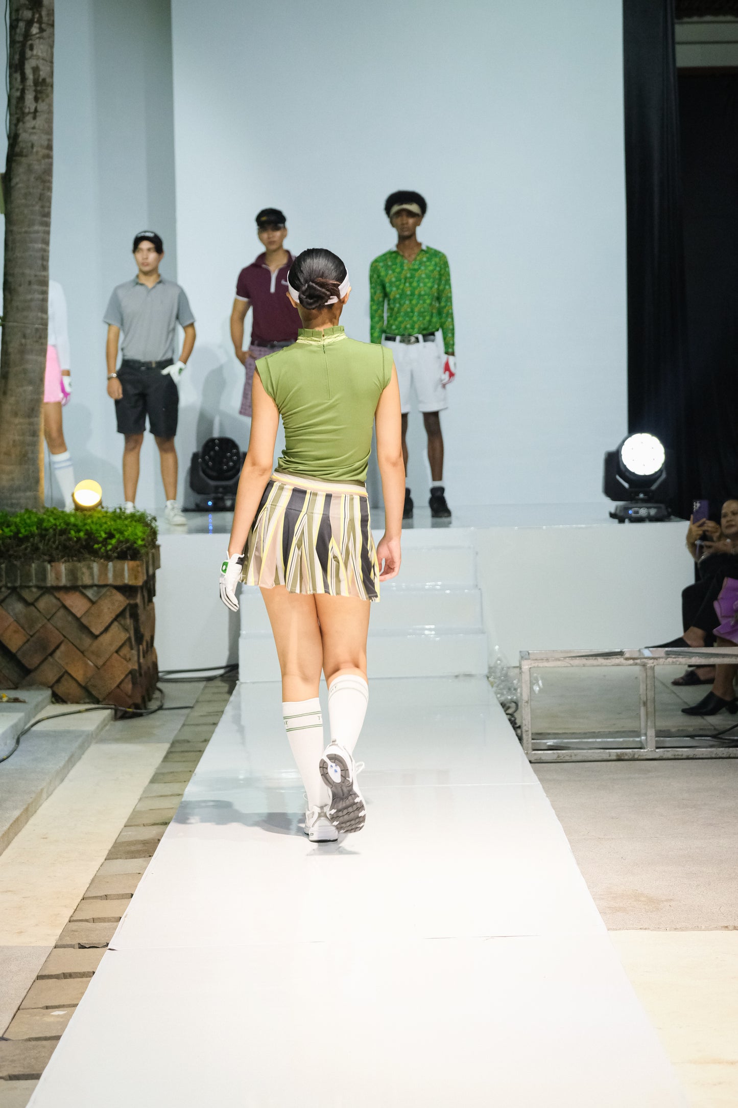 LS-083C || Skirt cream with green and yellow stripes side button waist fastening large knife pleated