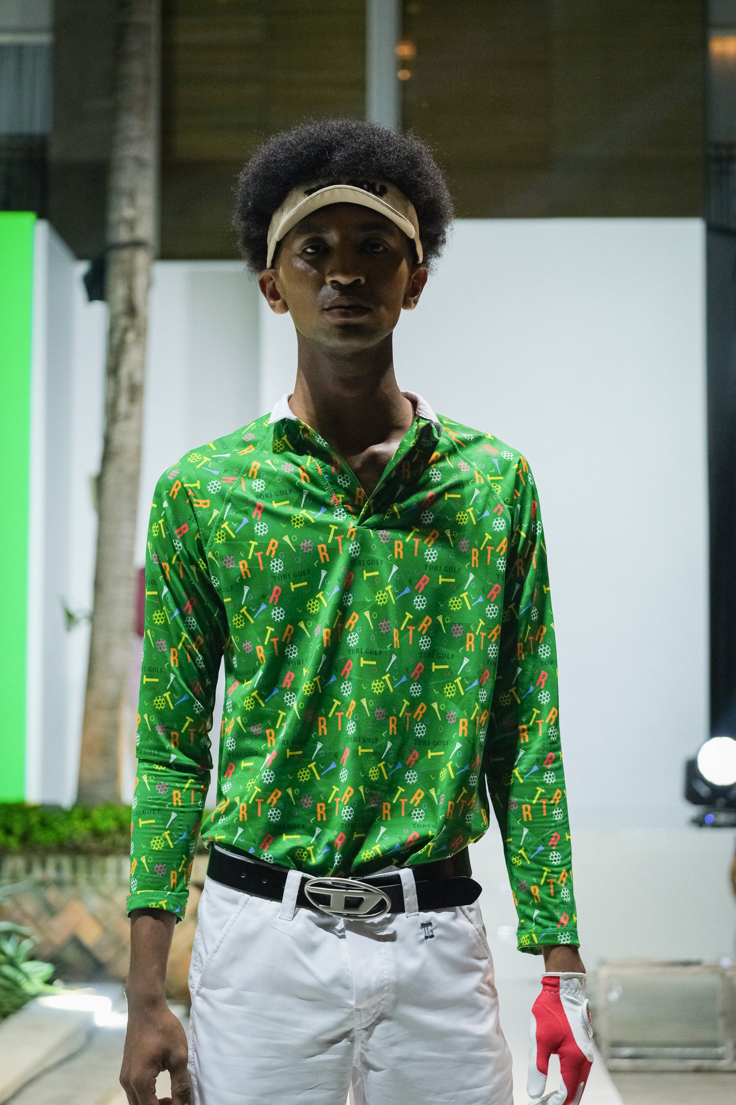 MT-031 || Men top green tori golf motif long sleeve with white trim