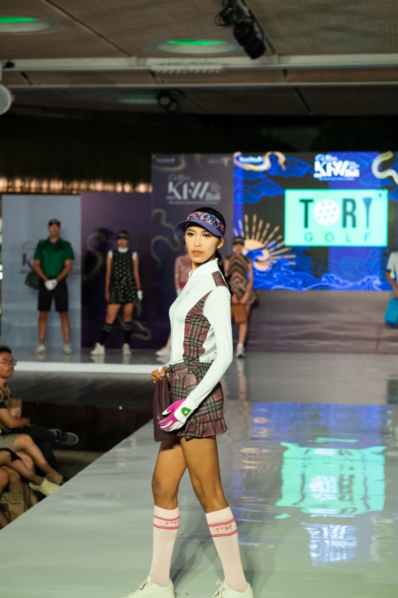 LGS-020H || Golf Set – Top White Long Sleeve Mandarin / Vee Neck Zip Fastened Dark Brown, Light Brown and White Multiline Tartan Breathable Side & Shoulder Panels with Dark Brown, Light Brown and White Multiline Tartan Skirt Button Waist Fastening