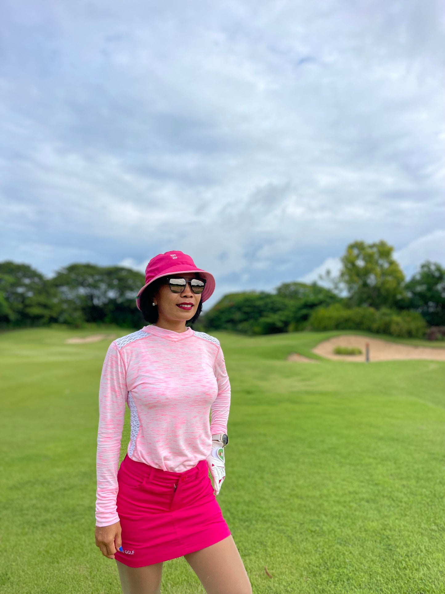 LT-100C || Ladies Top Mid Pink with White Faux Lace Side Panels & Shoulder Slash V Feature Collar Panel Neck