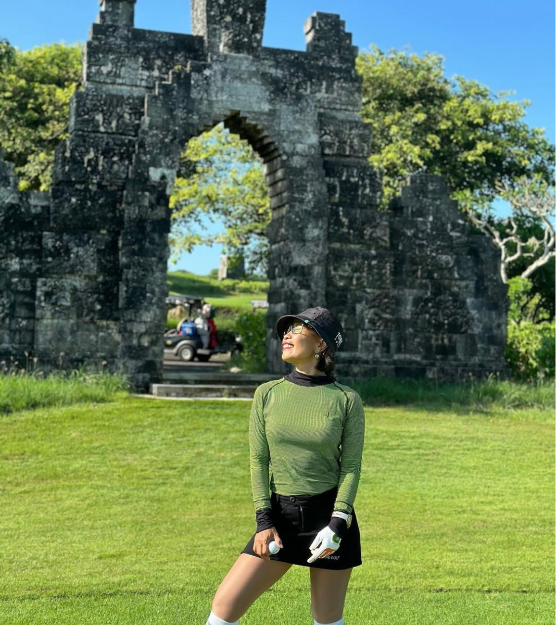 LT-117I || Ladies top long sleeve green with black vertical stripes and black trim