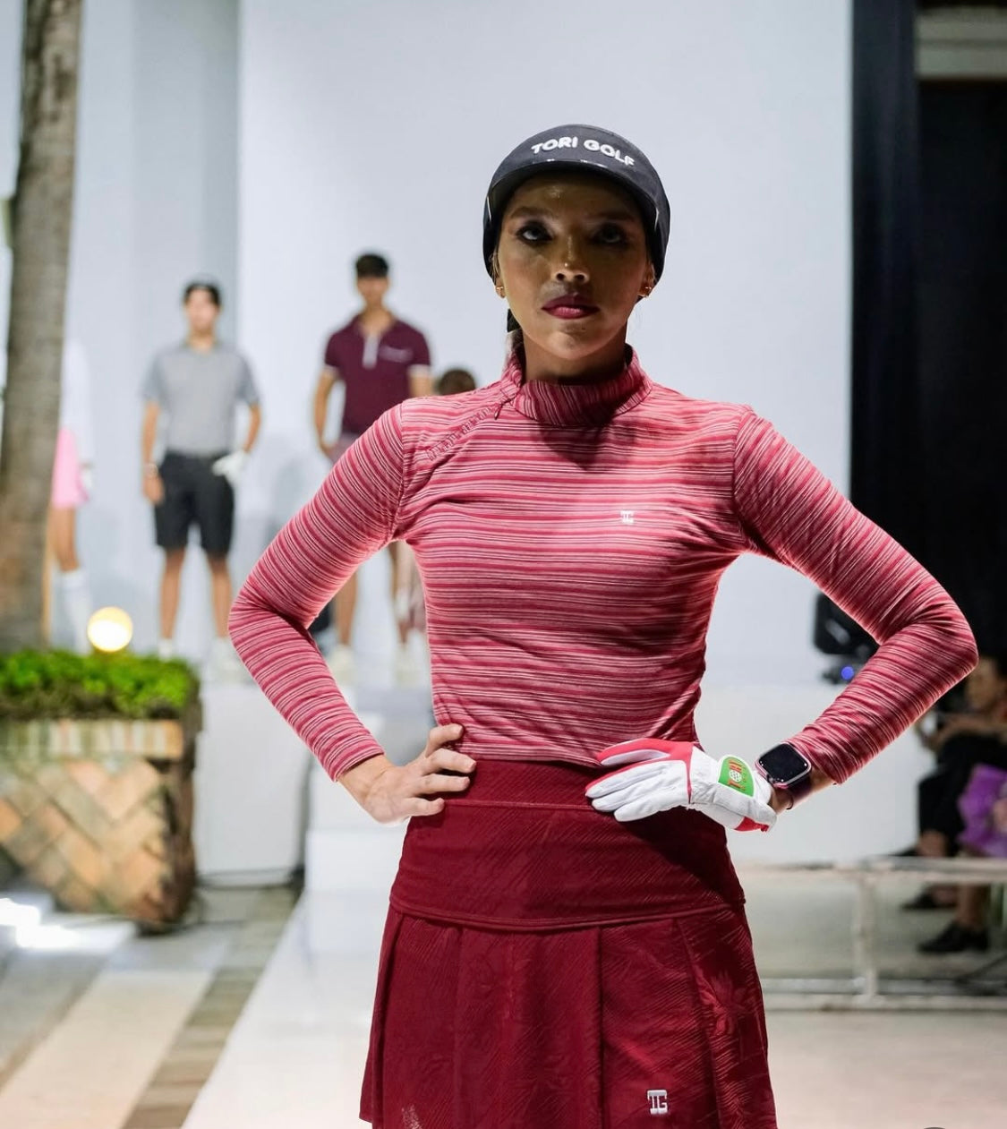 LT-128A || Ladies top dark red with white horizontal stripes reglan long sleeve w angle zip turtleneck