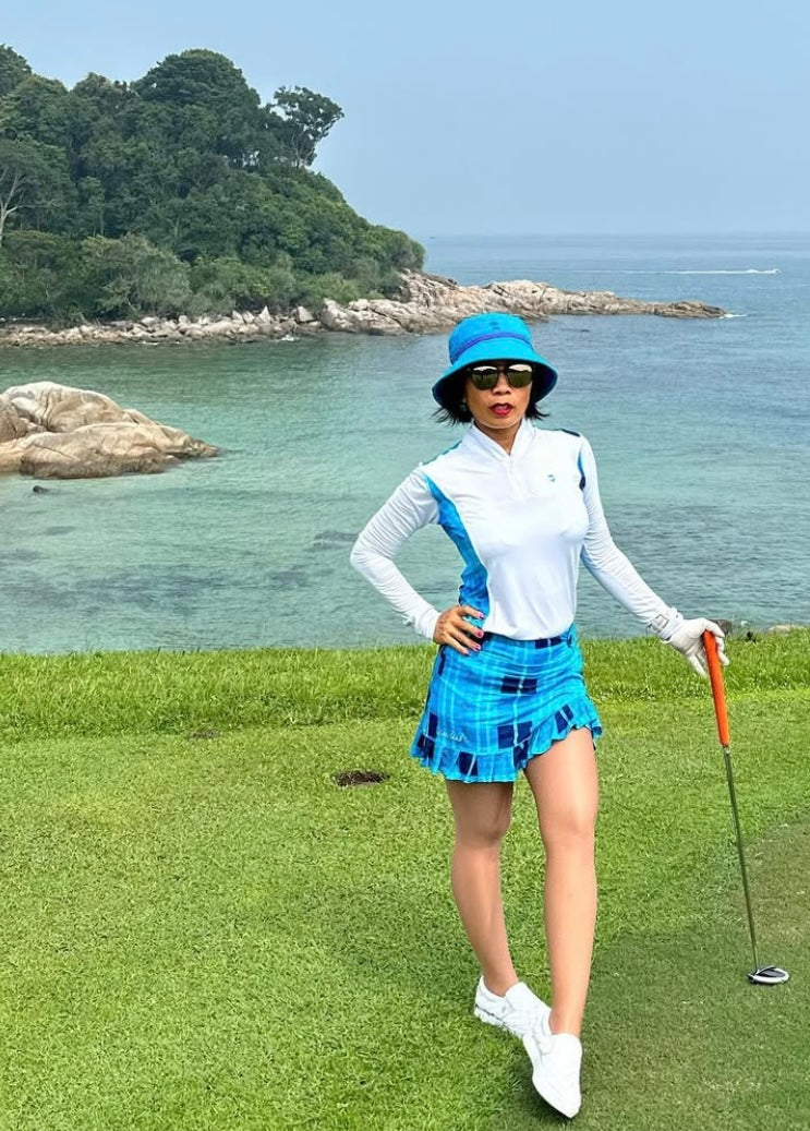 LGS-020D || Golf Set – Top White Long Sleeve Mandarin / Vee Neck Zip Fastened Mid Blue Tartan Breathable Side & Shoulder Panels with Mid and Dark Blue Tartan Skirt Button Waist Fastening Two Front & One Rear Pockets Contoured Pleated Short Hem