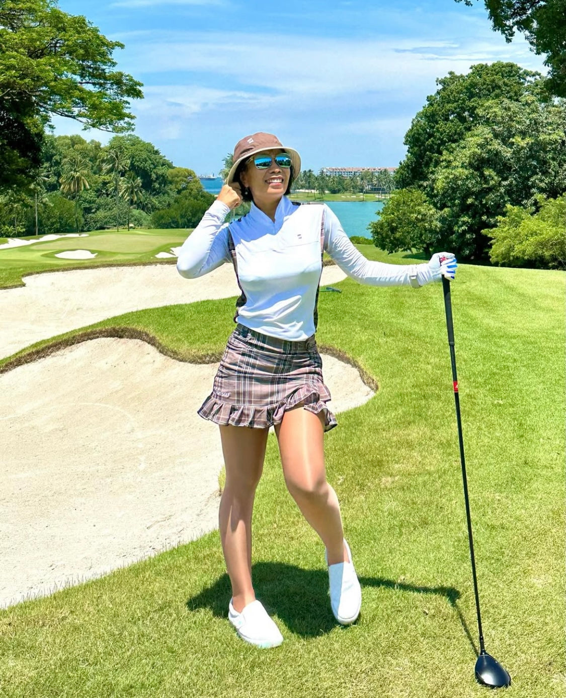 LGS-020H || Golf Set – Top White Long Sleeve Mandarin / Vee Neck Zip Fastened Dark Brown, Light Brown and White Multiline Tartan Breathable Side & Shoulder Panels with Dark Brown, Light Brown and White Multiline Tartan Skirt Button Waist Fastening