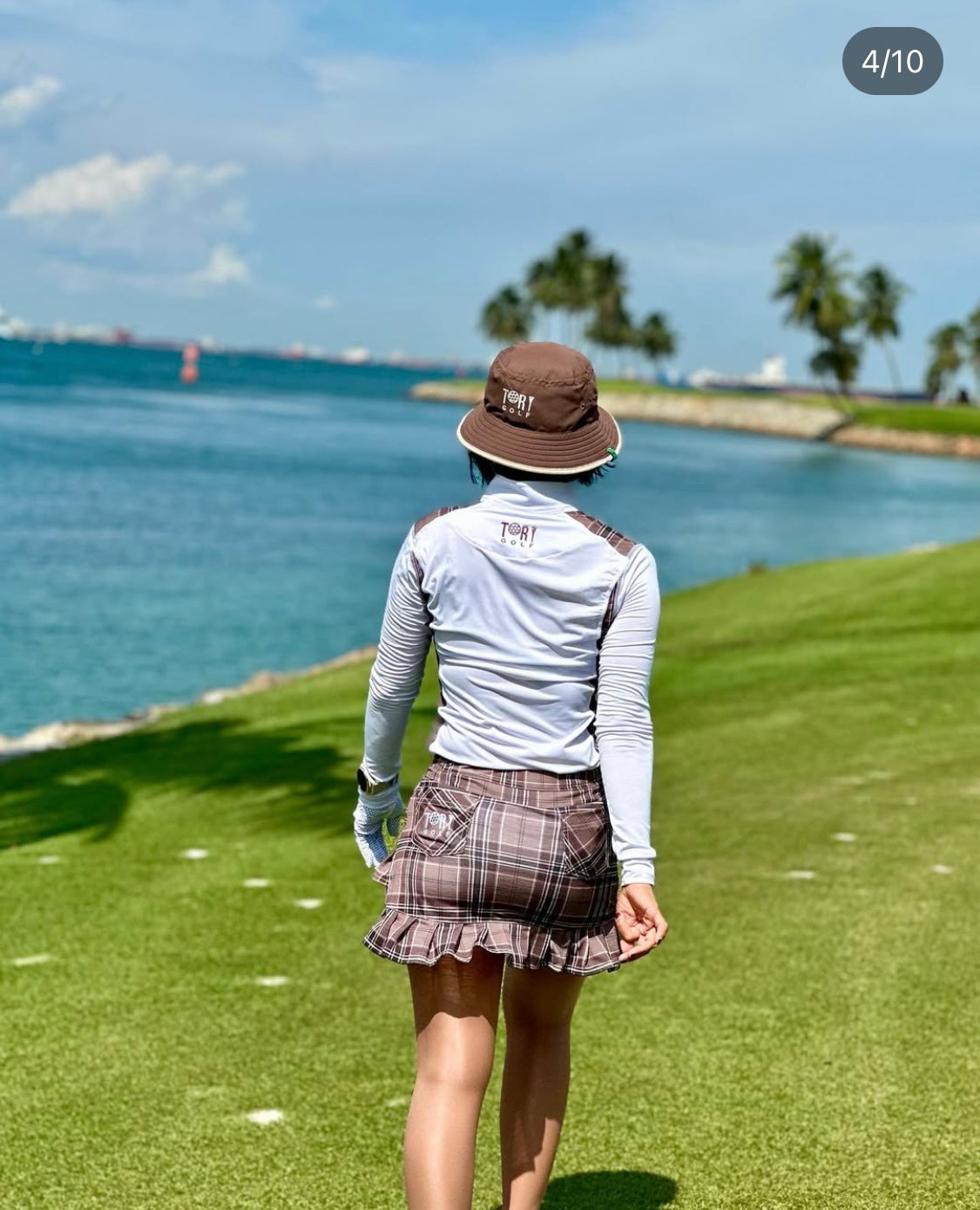 LGS-020H || Golf Set – Top White Long Sleeve Mandarin / Vee Neck Zip Fastened Dark Brown, Light Brown and White Multiline Tartan Breathable Side & Shoulder Panels with Dark Brown, Light Brown and White Multiline Tartan Skirt Button Waist Fastening
