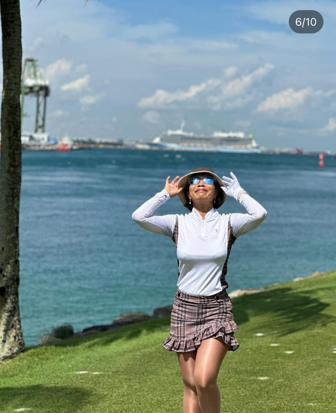 LGS-020H || Golf Set – Top White Long Sleeve Mandarin / Vee Neck Zip Fastened Dark Brown, Light Brown and White Multiline Tartan Breathable Side & Shoulder Panels with Dark Brown, Light Brown and White Multiline Tartan Skirt Button Waist Fastening
