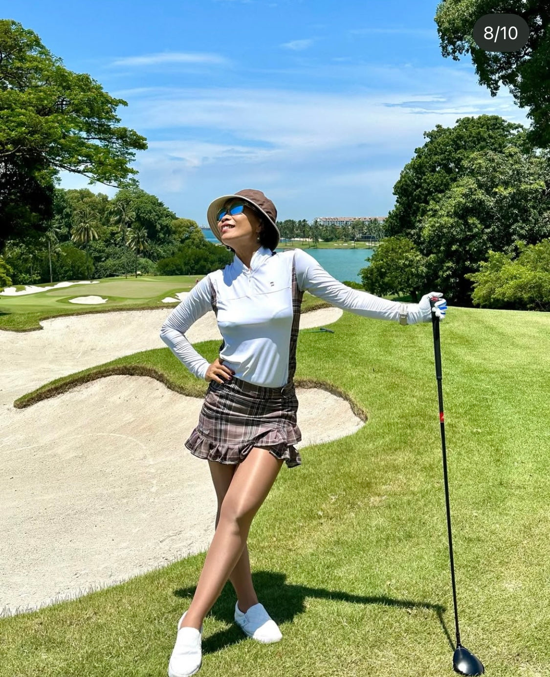 LGS-020H || Golf Set – Top White Long Sleeve Mandarin / Vee Neck Zip Fastened Dark Brown, Light Brown and White Multiline Tartan Breathable Side & Shoulder Panels with Dark Brown, Light Brown and White Multiline Tartan Skirt Button Waist Fastening