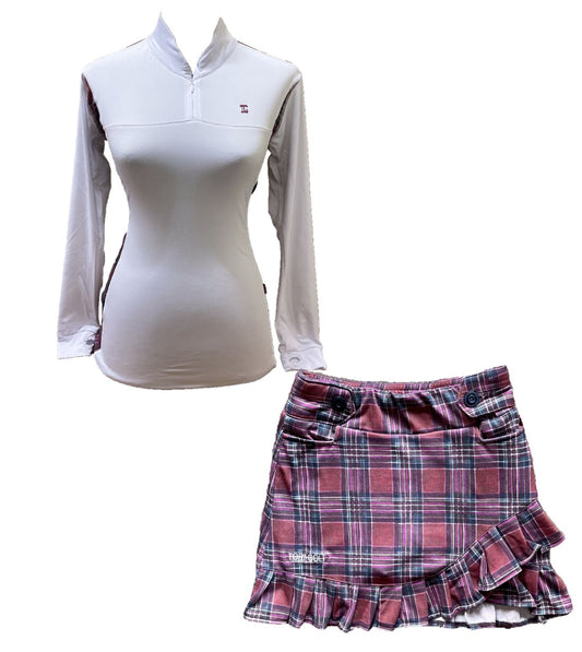 LGS-020E || Golf Set – Top White Long Sleeve Mandarin / Vee Neck Zip Fastened Maroon, Dark Grey and White Tartan Breathable Side & Shoulder Panels with Maroon, Dark Grey and White Tartan Skirt Button Waist Fastening Contoured Pleated Short Hem