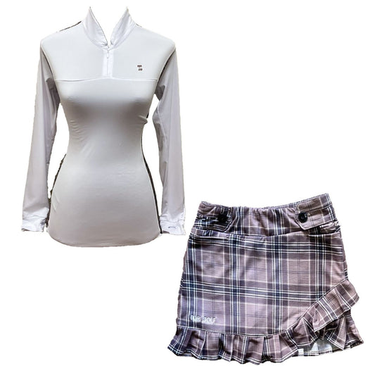 LGS-020H || Golf Set – Top White Long Sleeve Mandarin / Vee Neck Zip Fastened Dark Brown, Light Brown and White Multiline Tartan Breathable Side & Shoulder Panels with Dark Brown, Light Brown and White Multiline Tartan Skirt Button Waist Fastening