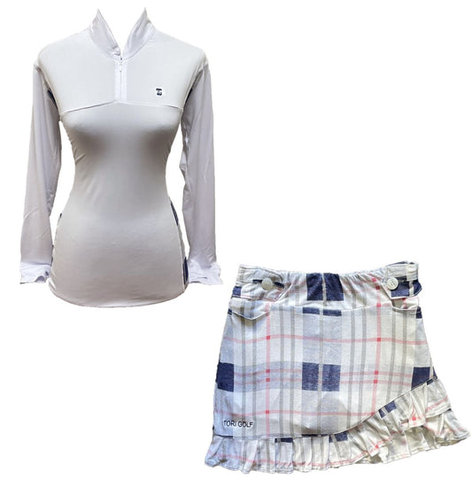 LGS-020I || Golf Set – Top White Long Sleeve Mandarin / Vee Neck Zip Fastened White, Grey, Dark Blue and Pink Tartan Breathable Side & Shoulder Panels with White, Grey, Dark Blue and Pink Tartan Skirt Button Waist Fastening Contoured Pleated Short Hem