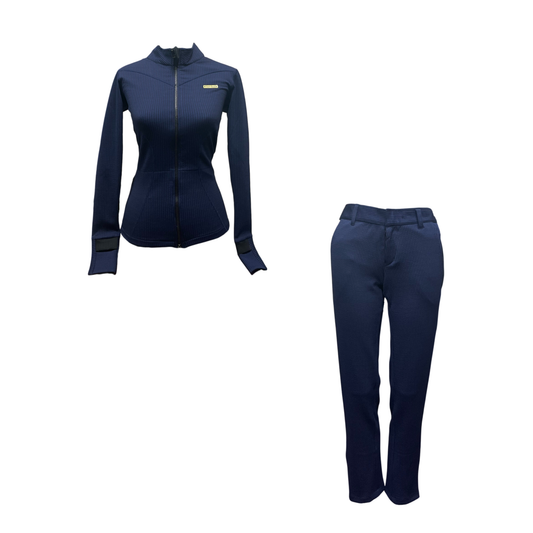 LGS-024 || Golf Set - Navy Color Long Sleeve and Mock Neck Top with a Black Double Sliders Zipper, Polyester with Embossed Fabric and Navy Straight Slim Fit Trousers with Belt Loop at the Waist