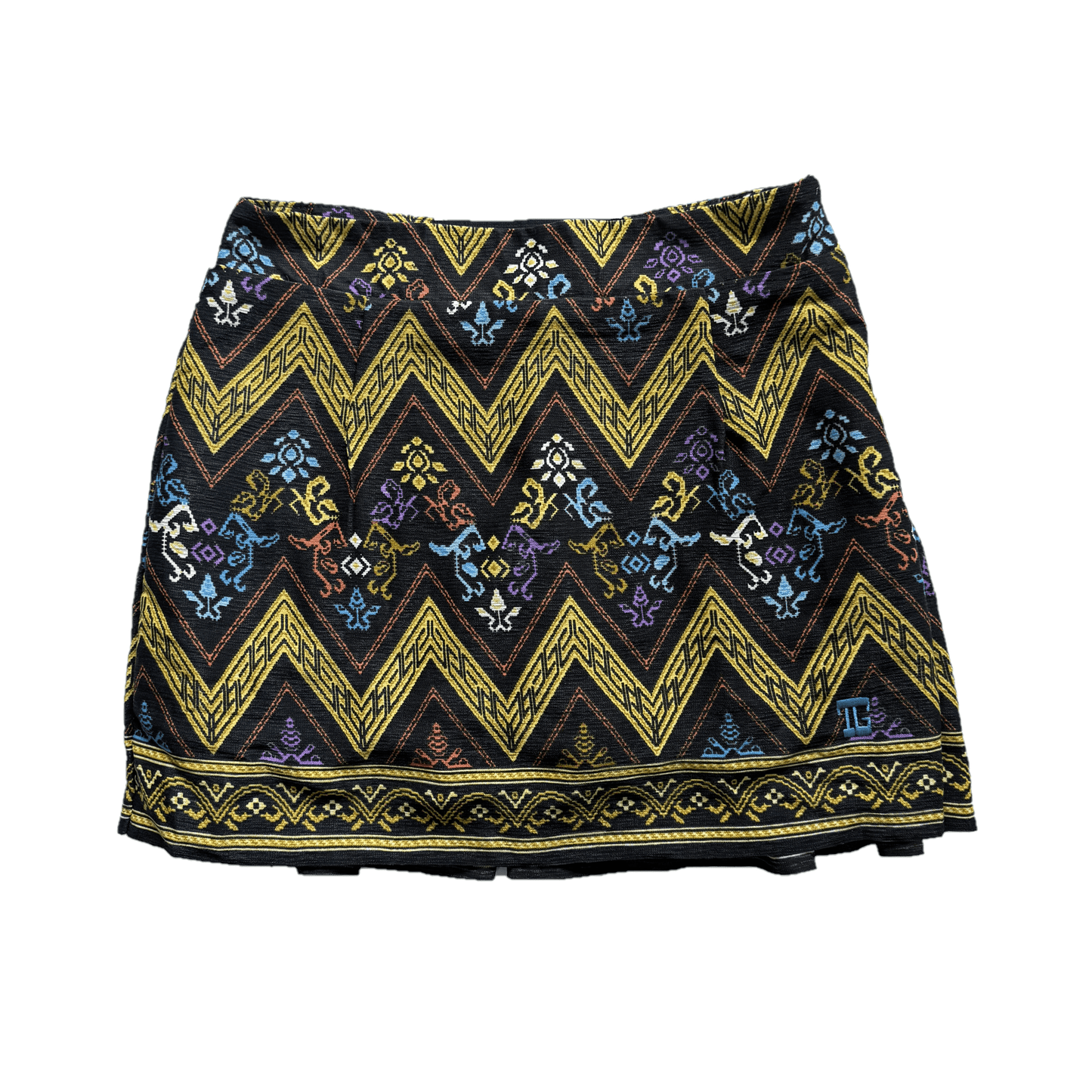 LS-082A || Skirt Black, Brown, Yellow and Blue Modern Indonesian Batik Pattern (Dominant Yellow W Motif) Pleated Rear and Zip Fastened Waist