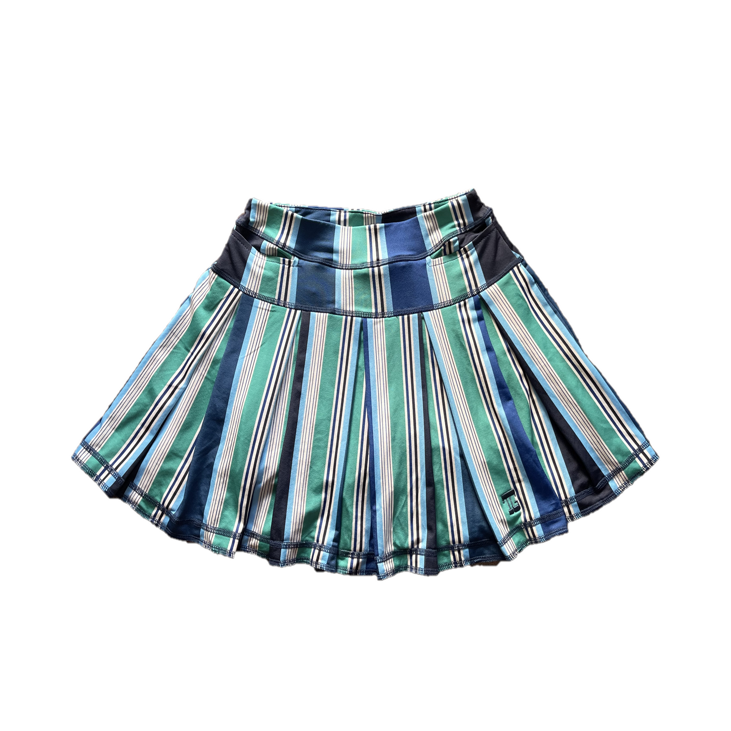 LS-085F || Skirt mid green, blue, black and white vertical Stripes with 2 Stright cut front pocket and all-around swing pleats