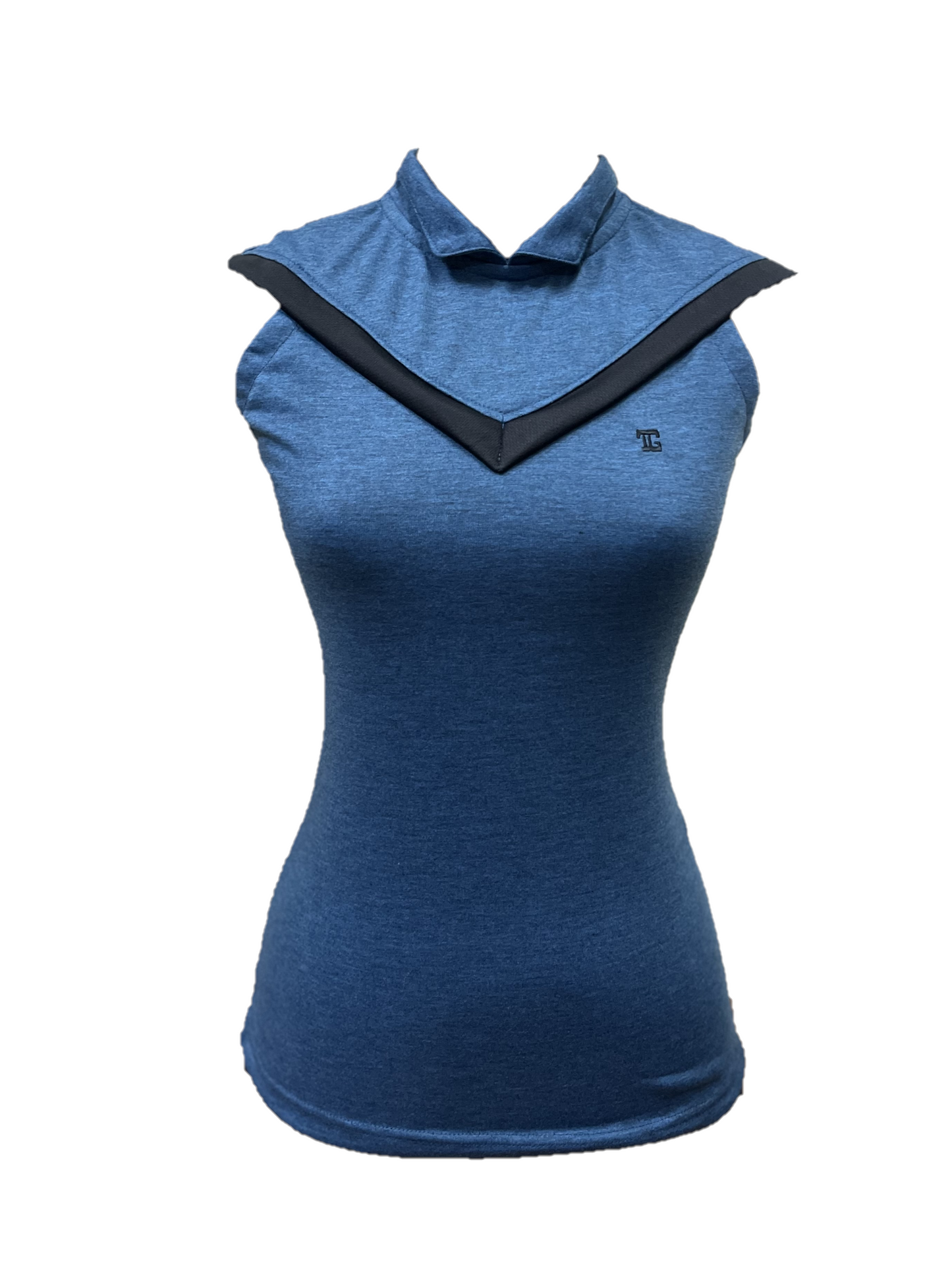 LT-130B || Ladies Top Sleeveless Dark Tosca Two-tone Black and White V Chest Stripes Trim Mandarin Neck & Rear Zip