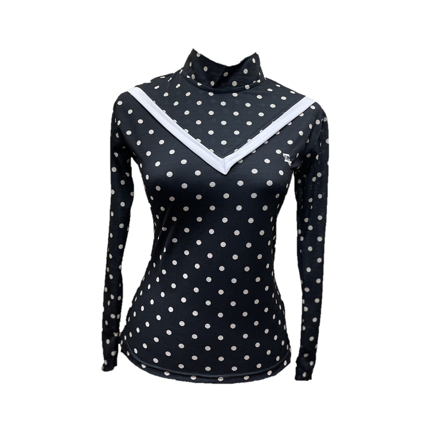 LT-131 || Ladies top long sleeve black with white polka dots motif and white V chest stripes trim mandarin neck & rear zip