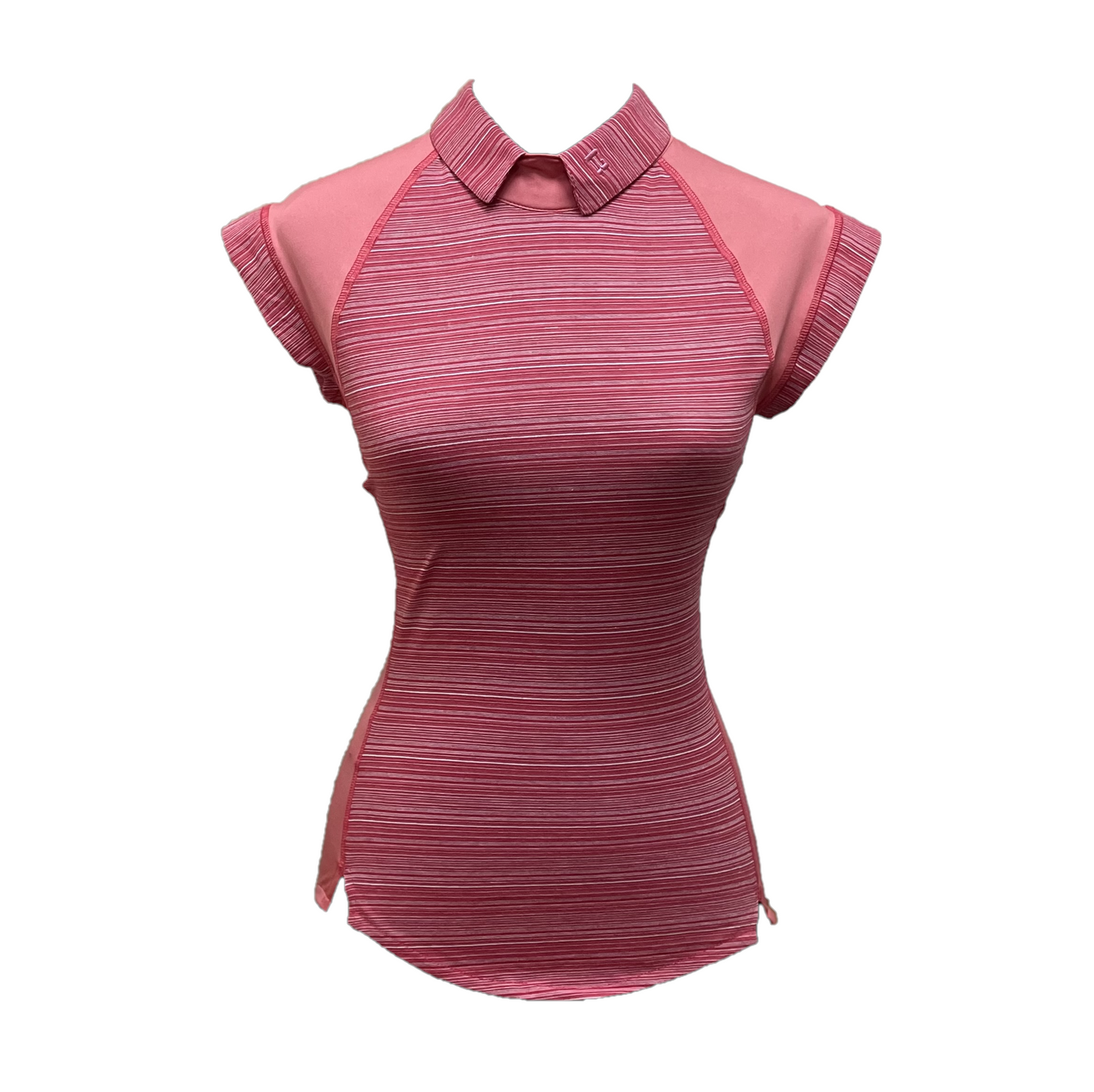 LT-125 || Ladies top pink with dark pink & white horizontal stripes short sleeve w mid pink shoulder saddle on front and back panels - rear zip peter pan collar
