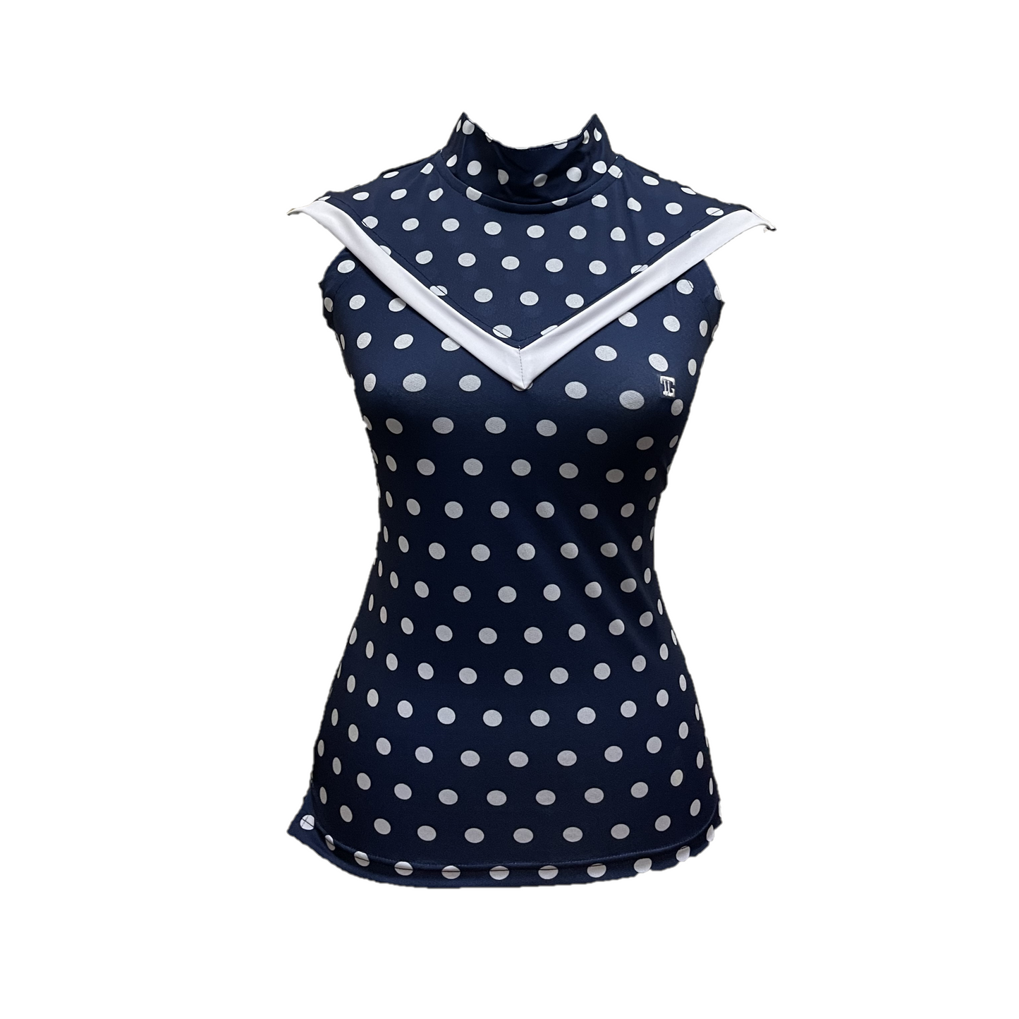 LT-130 || Ladies top sleeveless navy with white polka dots motif and white V chest stripes trim mandarin neck & rear zip