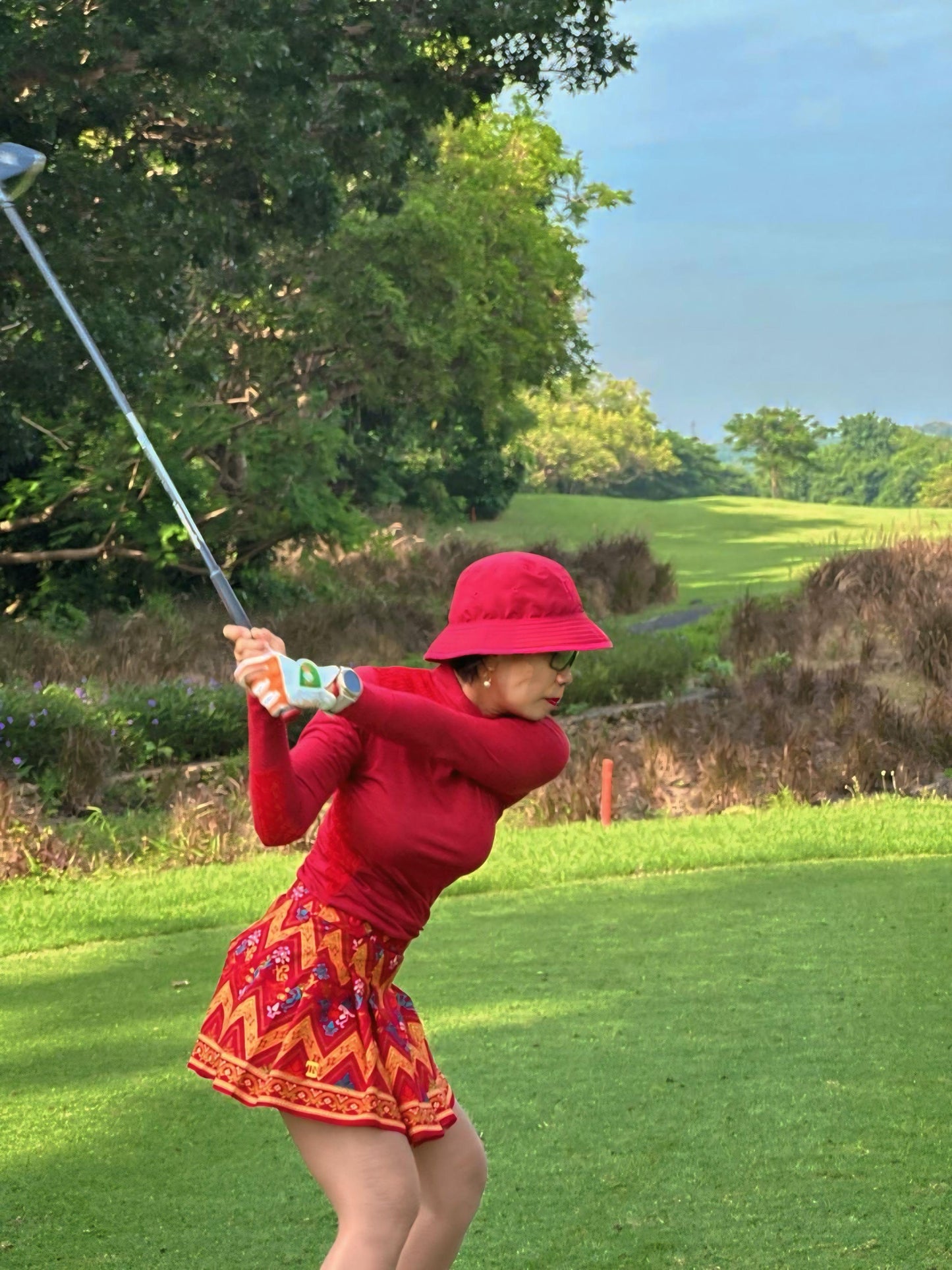 LS-083F || Skirt Red, Yellow and Blue Modern Indonesian Batik Pattern (Dominant Yellow W Motif) Side Button Waist Fastening Large Knife Pleated