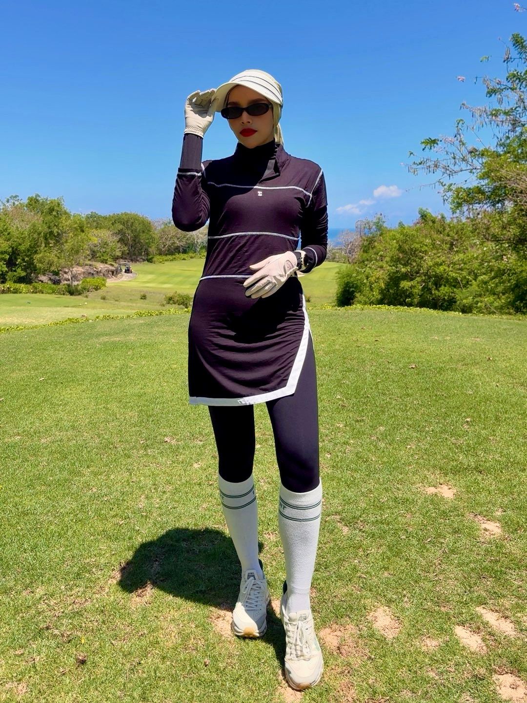GD-027 || Golf Dress Navy, Open V Neck Mandarin Collar Pleated Swing Hem with White, Black Purple & Blue Triangle Pattern Breathable Underarm and Hip Trim, 2 Side Long Sleeve