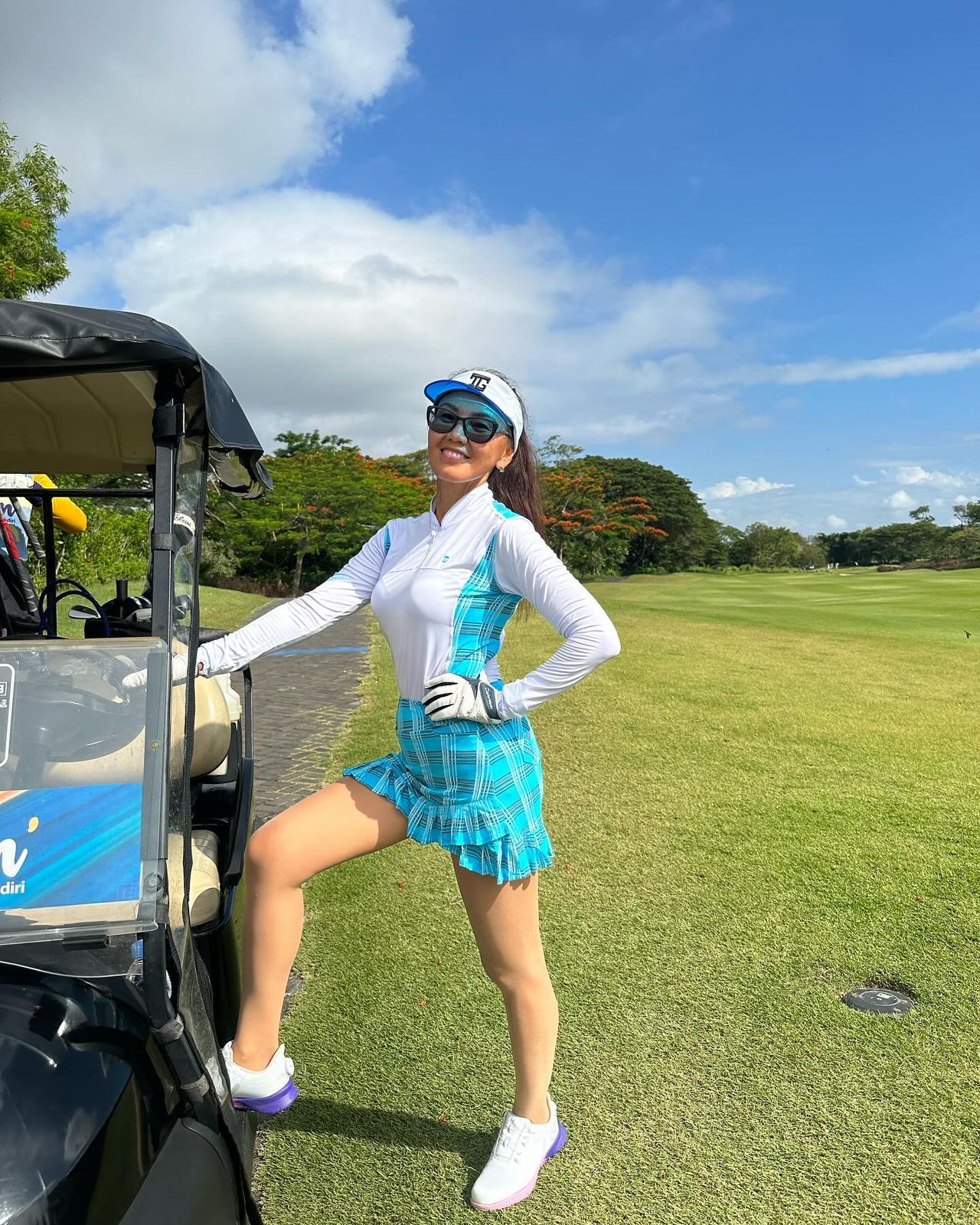 LGS-020C || Golf Set – Top White Long Sleeve Mandarin / Vee Neck Zip Fastened Light Blue, Smoky Grey, and White Tartan Breathable Side & Shoulder Panels with Light Blue, Smoky Grey, and White Tartan Skirt Button Waist Fastening Contoured Pleated Short Hem