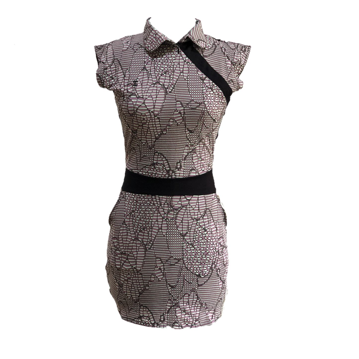 GD-011B || Golf Dress Ultra Short Sleeve Pale Green with Mauve & Brown Modern Batik Black Waist Sash & Shoulder Slash