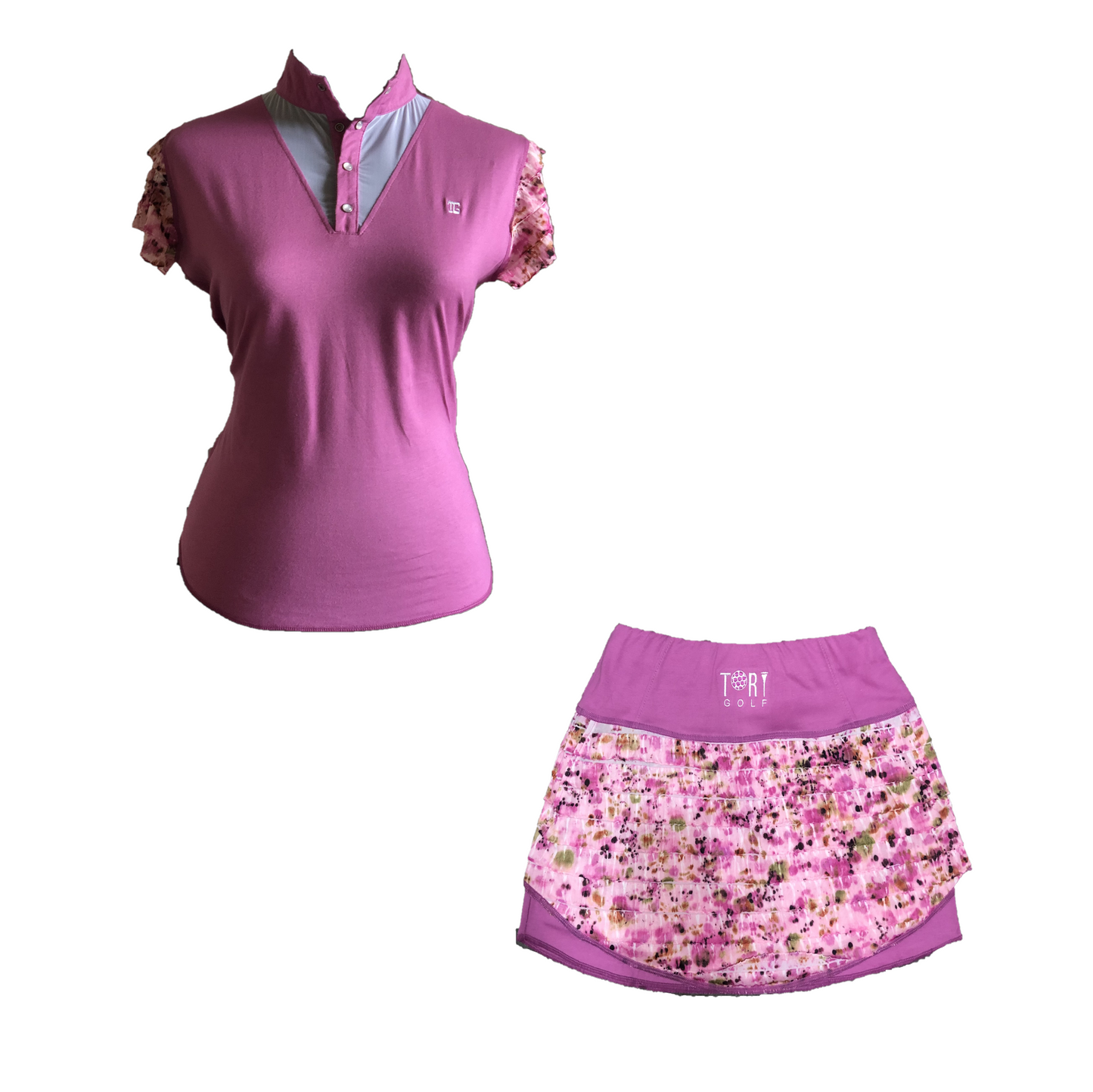LGS-015C || Ladies Set Top Pink Shirred / Layered Brown & White Motif Sleeves Buttom Mandarin Collar White Neck V Inset - Skirt Pink with White and Pale Green Horizontal Flouncess - 2 Side and One Rear Waste Zip Pocket
