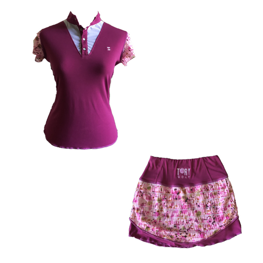 LGS-015A || Ladies Set Top Boysenberry Purple Shirred / Layered Brown & White Motif Sleeves Button Mandarin Collar White Neck V Inset - Skirt Boysenberry with White and Pale Green Horizontal Flouncess - 2 Side and One Rear Waste Zip Pocket