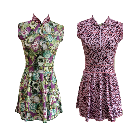 RGD-021B || Golf Dress Reversible Sleeveless One Side Green, Mauve White & Yellow with Rose and Geometric Motif Other Side Lilac, Black & Red Faux Leopard Spots, Mandarin Collar Concealed Zip Fastened