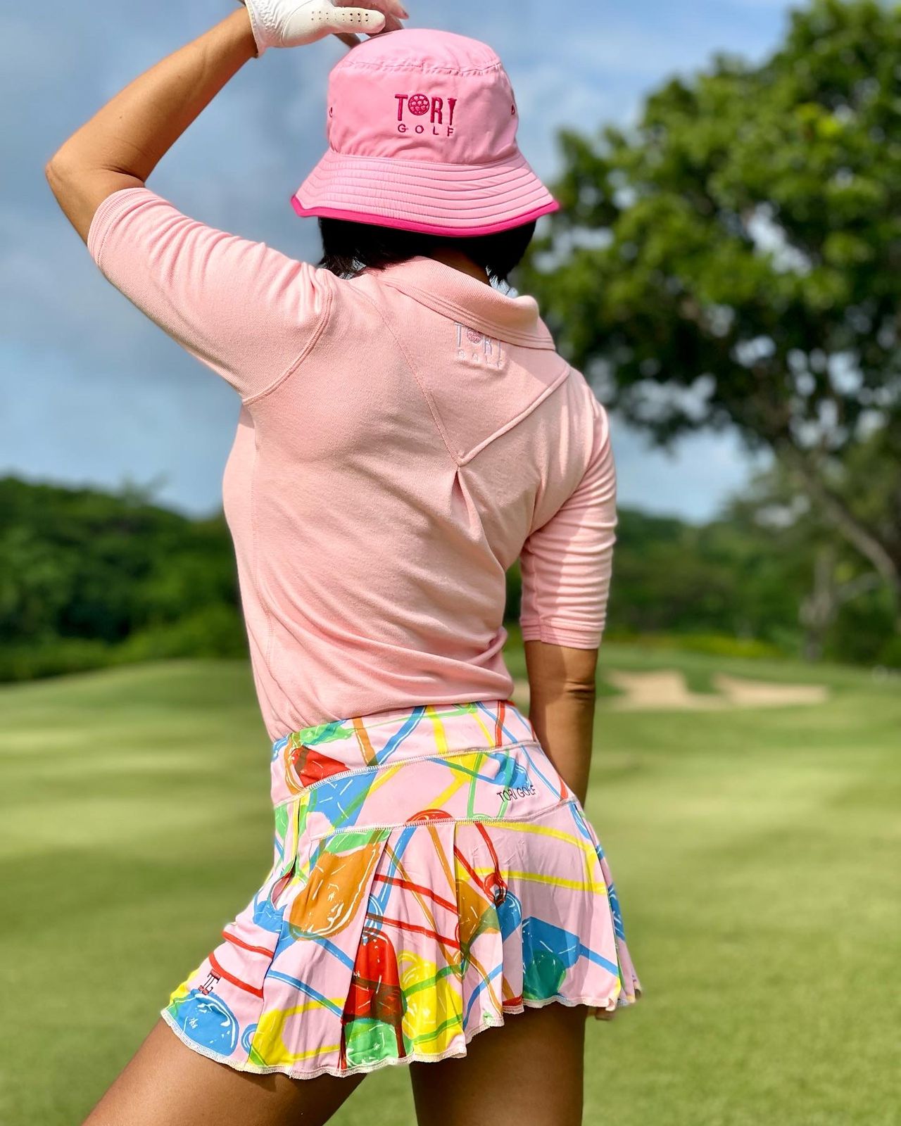 LS-043A || Skirt Pink with Red, Blue, Yellow and Green Safety Pin Motif 2 Rear Pleats