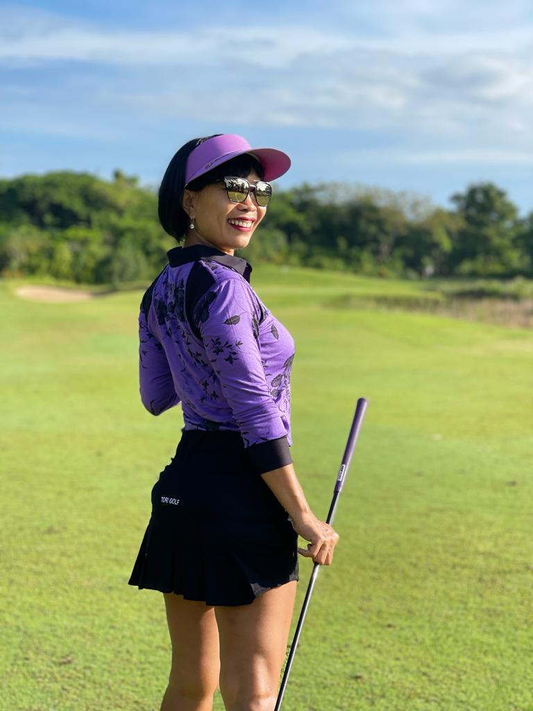 LT-090C || Ladies Top Purple W Black Flower Batik And Black Trim 3/4 Sleeves And Snap Pearl Buttons.