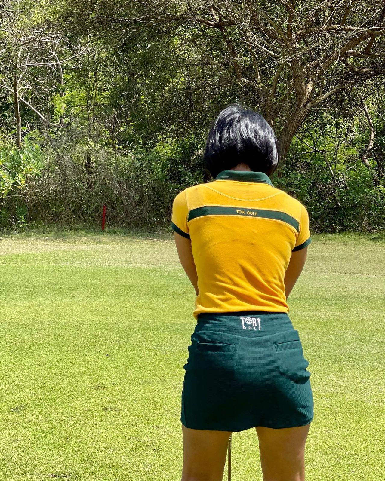 LS-063C || Ladies Skirt Bottle Green Hessian Texture With One White Pipes Vert Stripe 3 Buttons Concealing Zip Fastening 2 Rear Pockets One Front Pocket