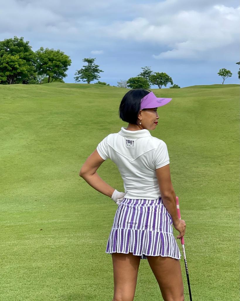 LS-064C || Skirt Soft White with Purple Vertical Stripes Embossed with All Around Short Pleats