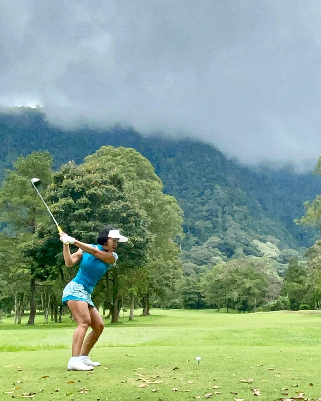 LGS-015B || Ladies Set Top Olympic Blue Shirred / Layered Brown & White Motif Sleeves button Mandarin Collar white Neck V Inset - Skirt Olympic Blue W White and Dark Blue Horizontal Flouncess - 2 Side and One Rear Waste Zip Pocket