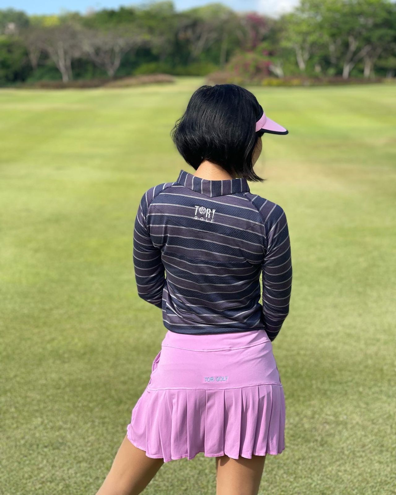 LS-042G || Skirt Soft Feel Lavender with Rear Swing Pleat Panel 2 Side Pockets & Light Green Overlock Trim