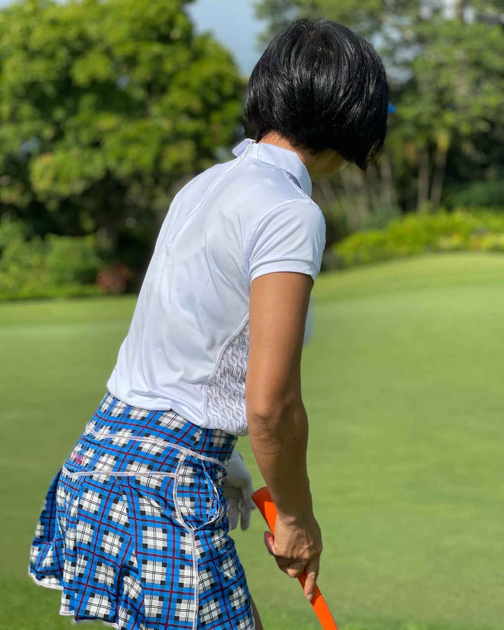 LS-043D || Skirt Blue with Red Lined Black, Grey & White Tartan Motif 2 Side Pockets & Pleated Rear Panel