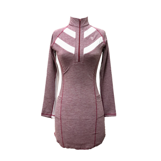 GD-018A || Golf Dress Long Sleeved Maroon Marble and White Tweed Featured Over Locked Seems Textured Fabric, Wide Back Chevron Stripes 2 Each Side of Front Collar, Zip Mock Polo Neck, 2 Front Pockets with black Trim