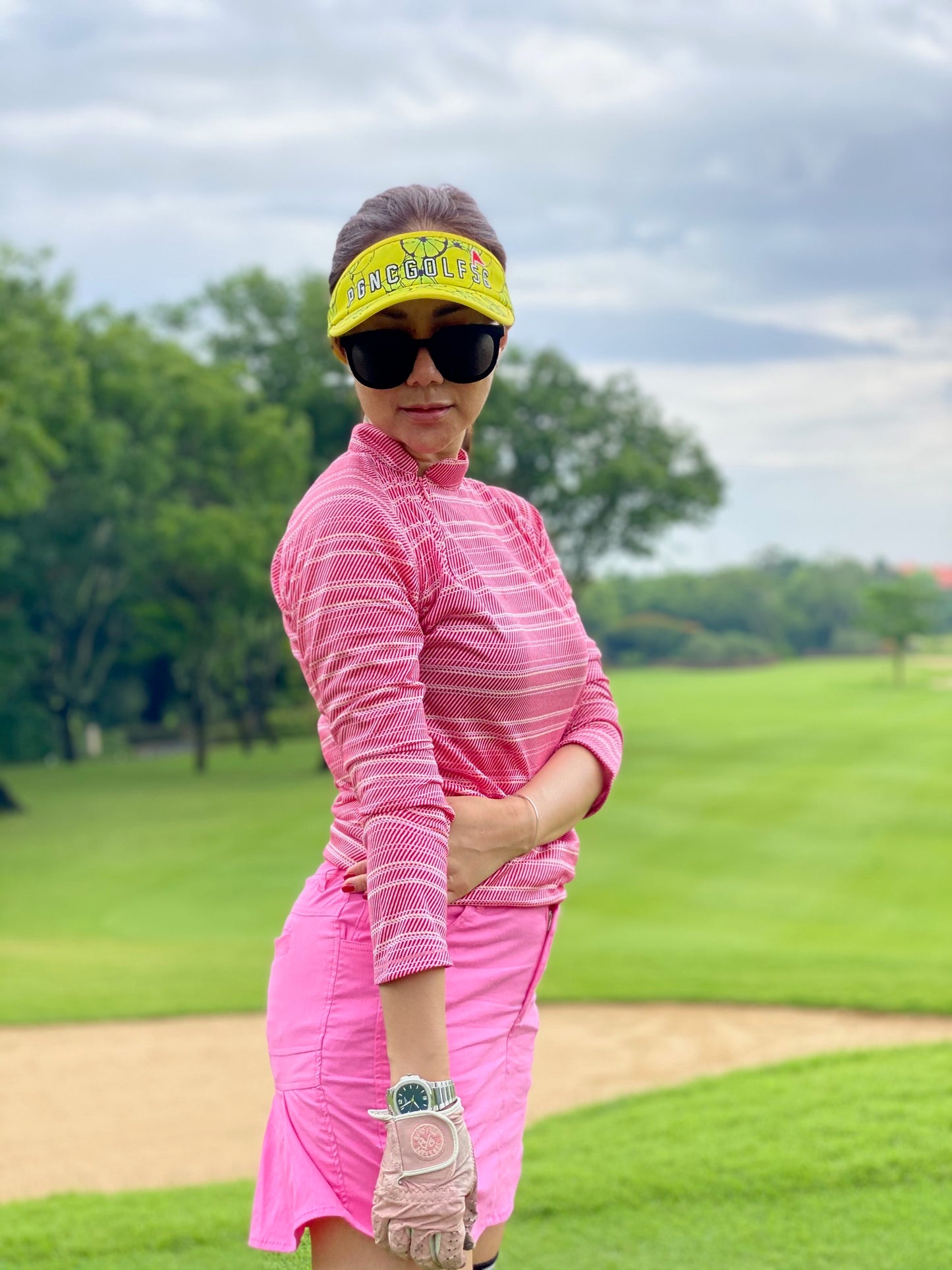 LS-044A || Ladies Skirt Pink with 2 Stitchead Round Front Pocket & Pleated Rear Panel