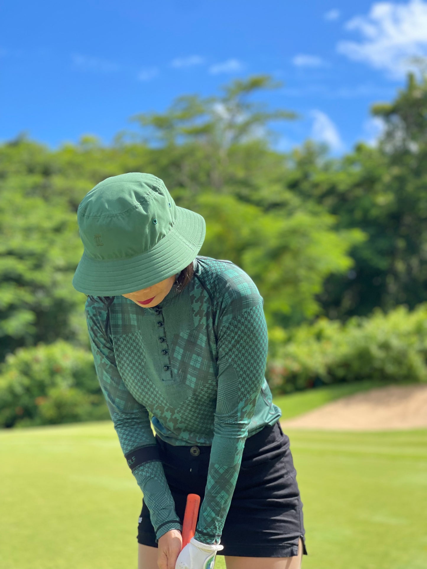 LT-072E || Ladies Top Dark Green and Black Mixed Motif with Black Pearl Button Mandarin Neck and Long Sleeves Black Band One Arm Sleeve