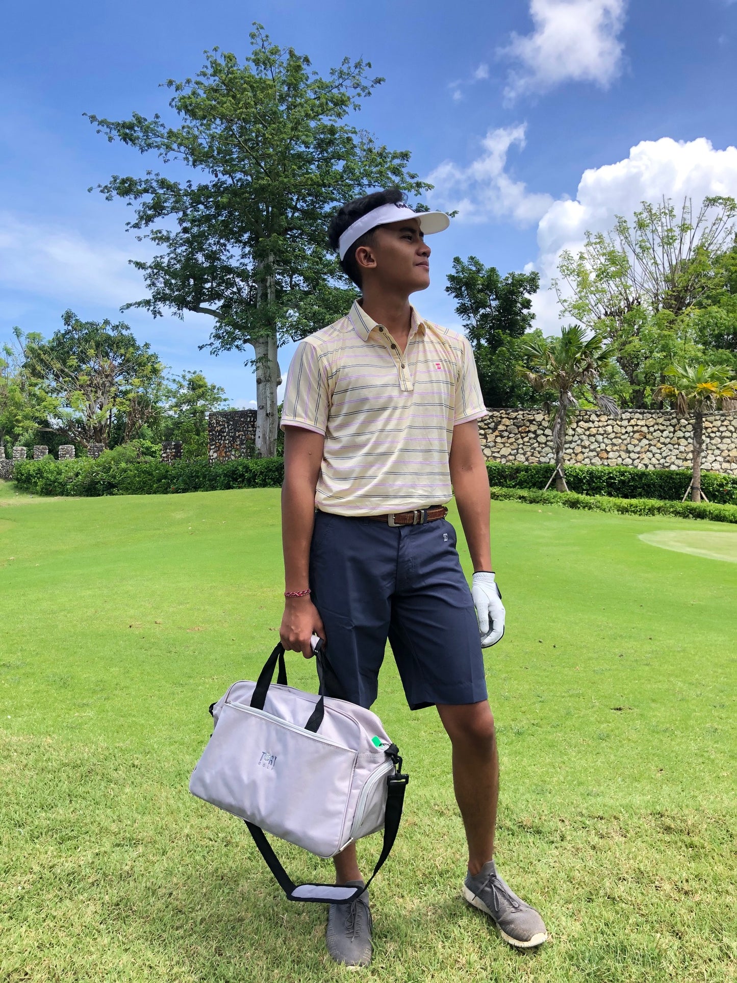 MT - 027B || Men Top Yellow with Pink / Navy Double Horizontal Dashed Stripes.