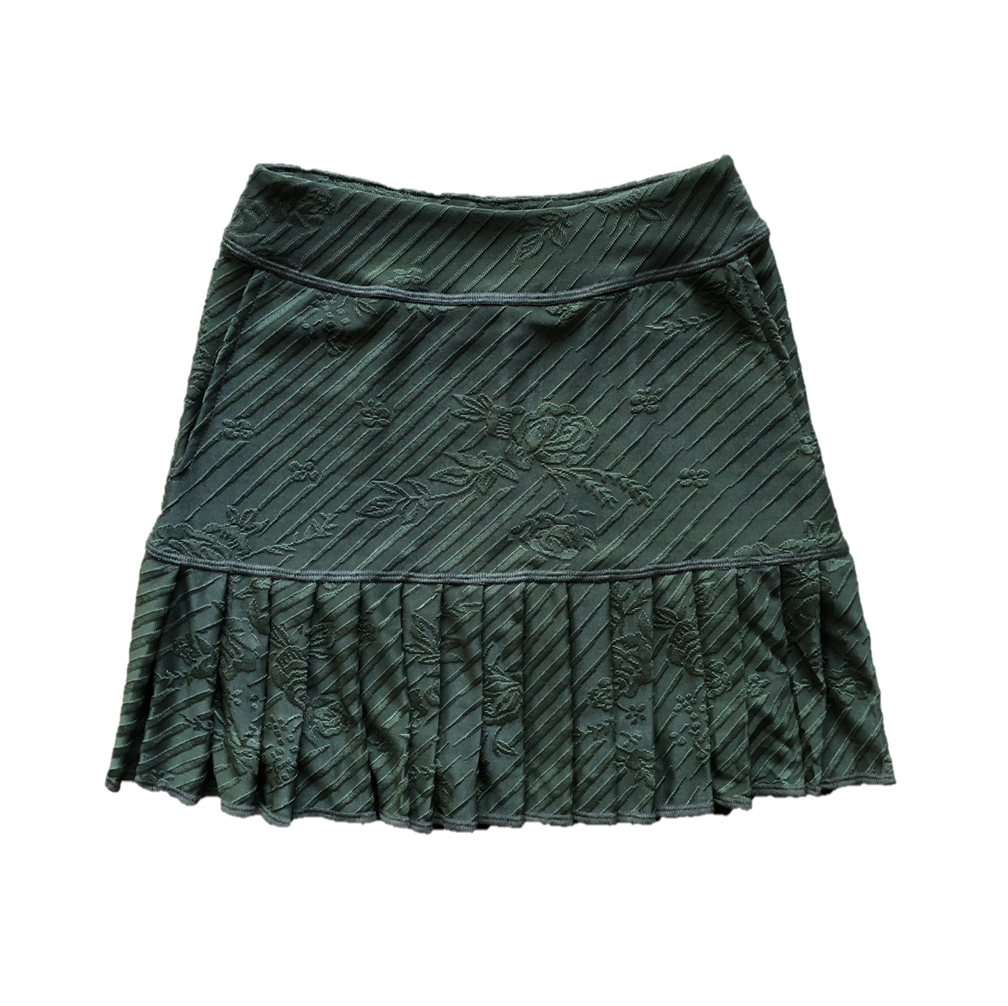 LS-075 || Skirt Soft Swing Style Short Pleated Swing Hem 2 Side Pockets Dark Olive Green with Embossed Floral Motif and Diagonal Embossed Stripes