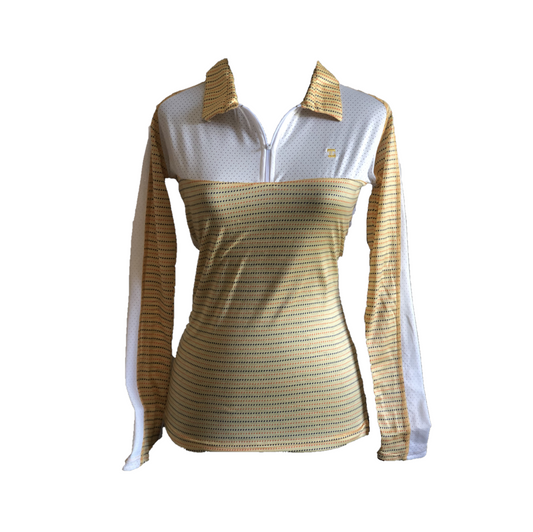 LT-093A || Ladies Top Long Sleeve Mustard with Dark Blue & Orange Dotted Horizontal Line / Rows Over All - Breathable White Shoulder Saddle / Chest Panel Breathable Under Arm Side Panel Zipper Neck.