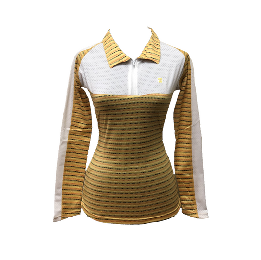 LT-094C || Ladies Top Long Sleeve Yellow and Dark Blue & Red Horizontal Stripe with White Front Chest Panel White Underarm Side Panels Outer Sleeve White Panel / Stripe Full Length. Zipper Neck