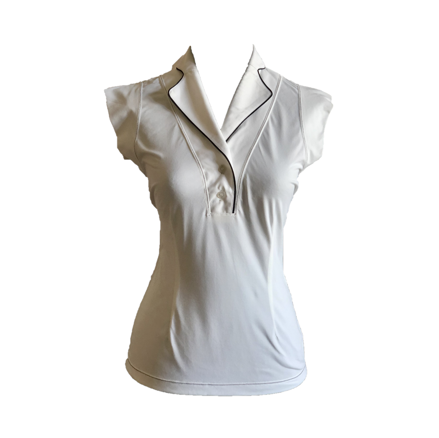 LT-111B || Ladies Top White Sleeveless Shawl Neck 2 Buttons with White Piping