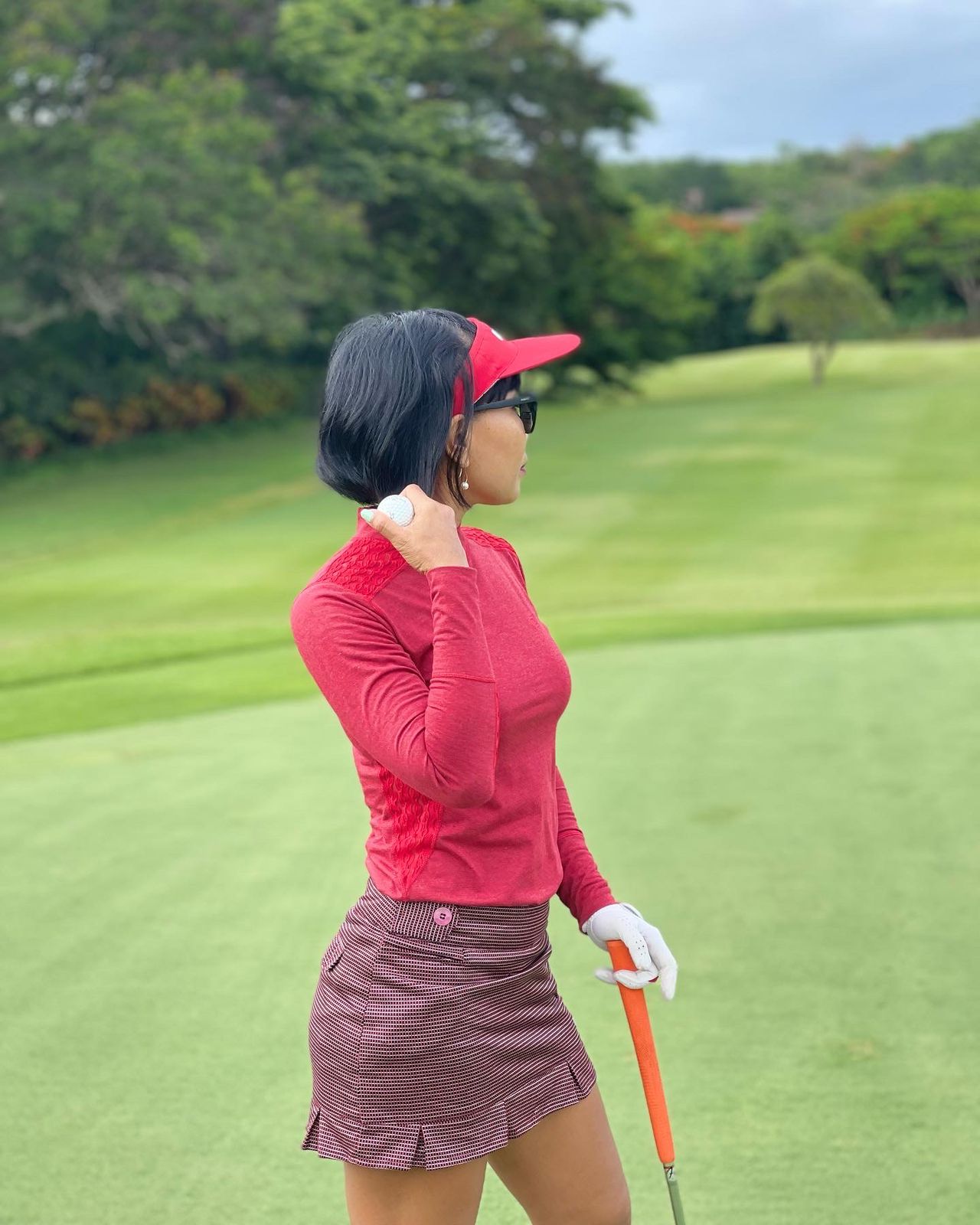 LT-100D || Ladies Top Dark Red with Red Faux Lace Side Panel & Shoulders Slash Rour With V Featured Collar / Panel Collar