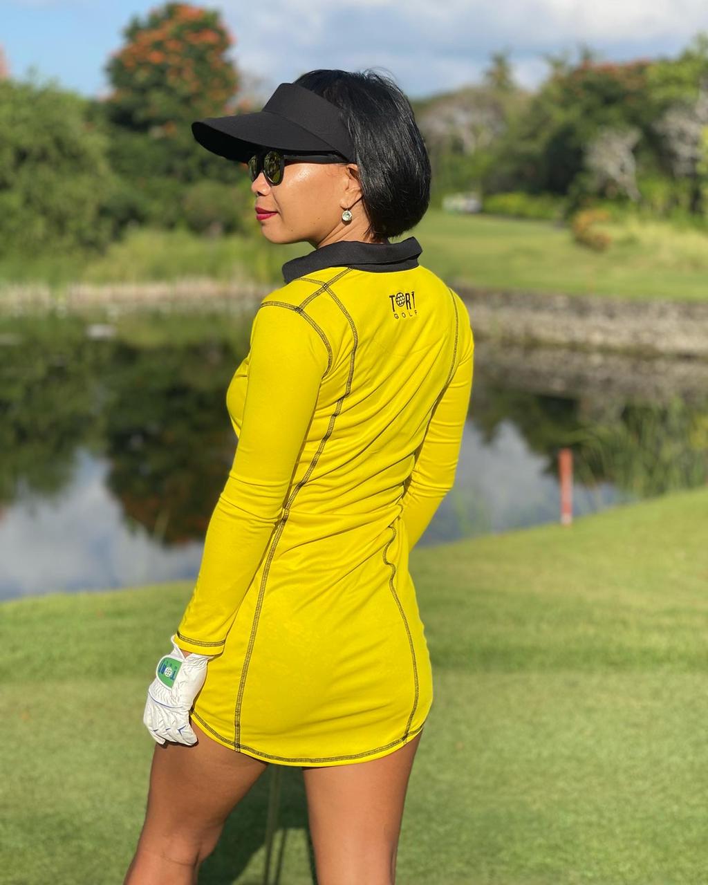 GD-012B || Golf Dress Bright Yellow with Black Trim and Black Overlocked Seams LS Mock Breast Pocket Trims with 2 Waist Pockets