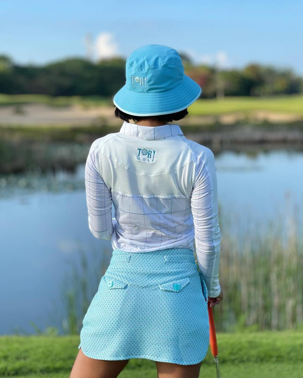 LS-070A || Skirt White with Pale Blue Star Textured Fabric Side Zipper with 4 Large Waist Decorative Buttons 2 Side Pockets and 2 Rear Button Flap Pockets