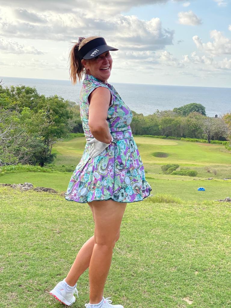 RGD-021B || Golf Dress Reversible Sleeveless One Side Green, Mauve White & Yellow with Rose and Geometric Motif Other Side Lilac, Black & Red Faux Leopard Spots, Mandarin Collar Concealed Zip Fastened
